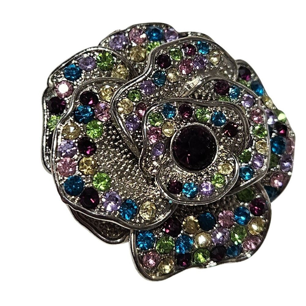 Elegant Retro Multicolor Rhinestone Silver Tone Flower Brooch Pendant Jewelry